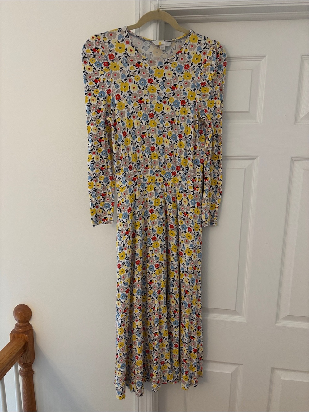 Boden Floral Long Sleeve Jersey Dress in Yellow & Blue & Red